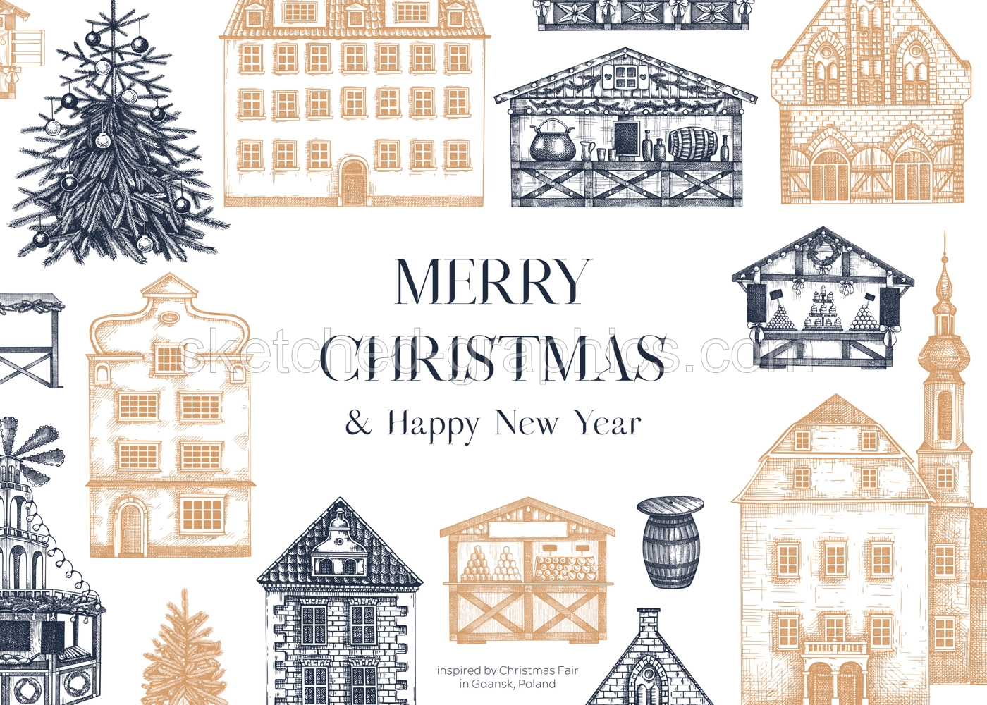 Vintage Christmas frame design. Architecture sketch. European fair background. Christmas market hand-drawn vector illustration. NOT AI generated Illustration